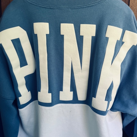 VS PINK Varsity Notch Neck Crew Pullover Sweatshirt Blue Colorblock Size M - Picture 14 of 16